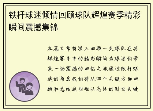 铁杆球迷倾情回顾球队辉煌赛季精彩瞬间震撼集锦 铁杆球迷倾情回顾球队辉煌赛季精彩瞬间震撼集锦