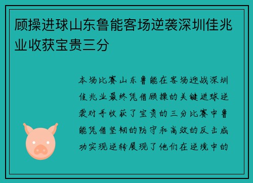 顾操进球山东鲁能客场逆袭深圳佳兆业收获宝贵三分 顾操进球山东鲁能客场逆袭深圳佳兆业收获宝贵三分