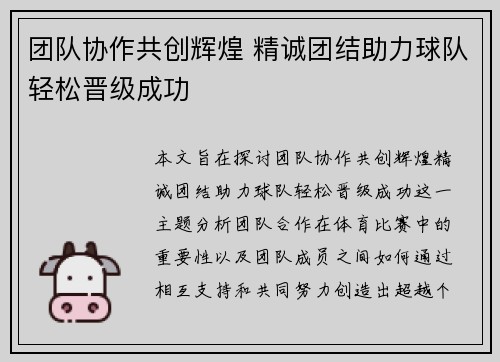 团队协作共创辉煌 精诚团结助力球队轻松晋级成功